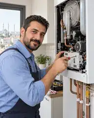 Kombi üzerinde çalışan teknisyen