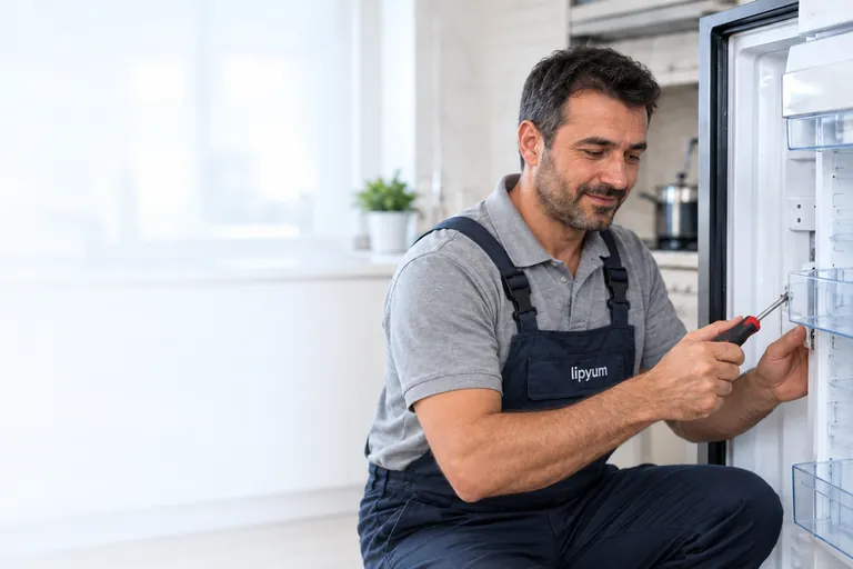 Lipyum yazılı iş kıyafetiyle buzdolabı üzerinde çalışan servis ustası